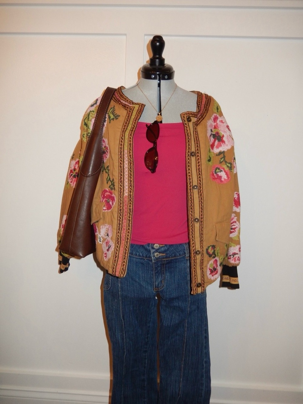 Anthropologie Floral Embroidered Thick Jacket with Pink Accents
